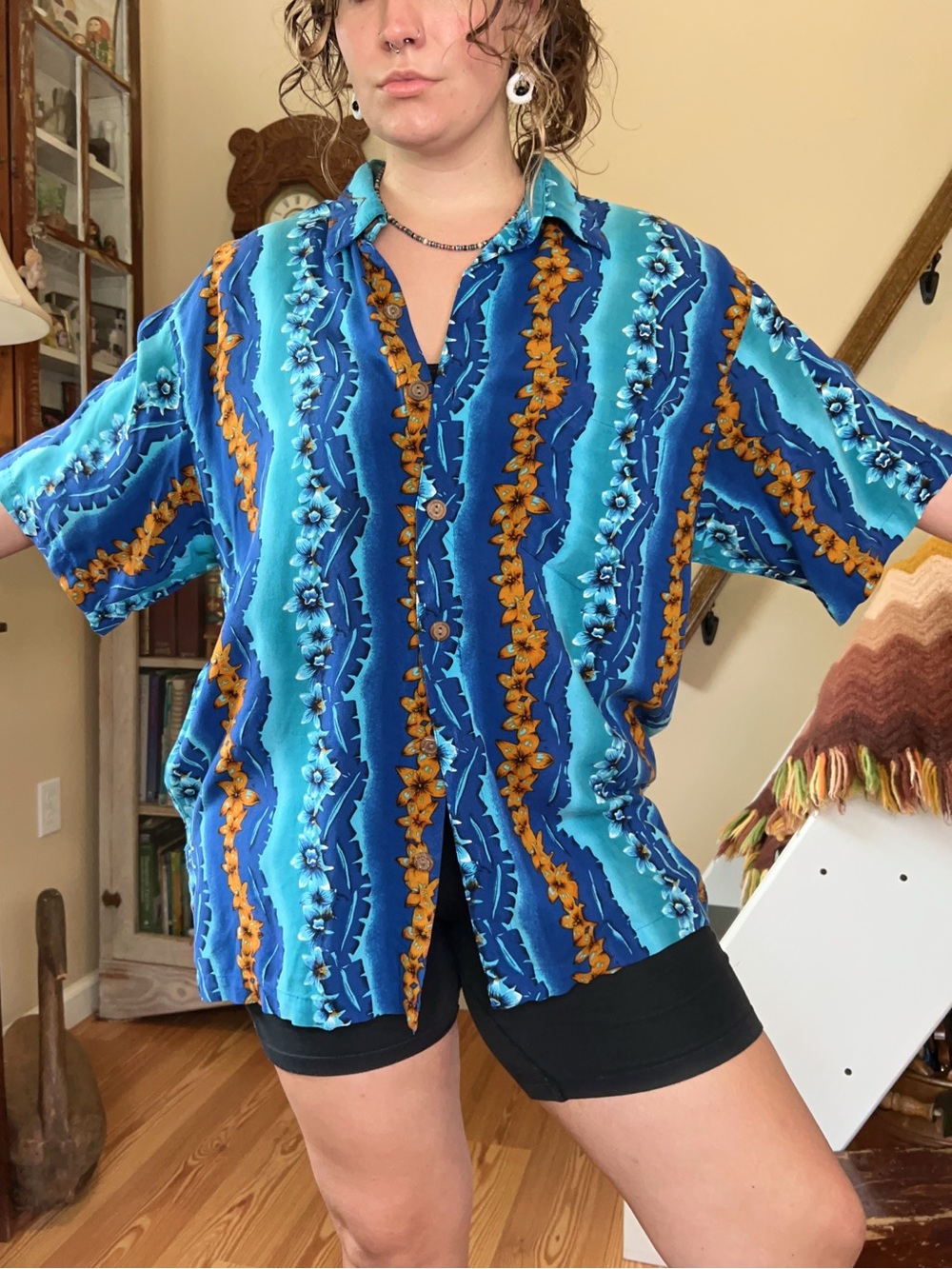 Vintage Pineapple Moon Blue Orange Tropical Floral Hawaiian Button Up Shirt XXL